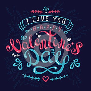 Handmade calligraphy design greetingcard with happy valentineÃ¢â¬â¢s day on darkblue background photo